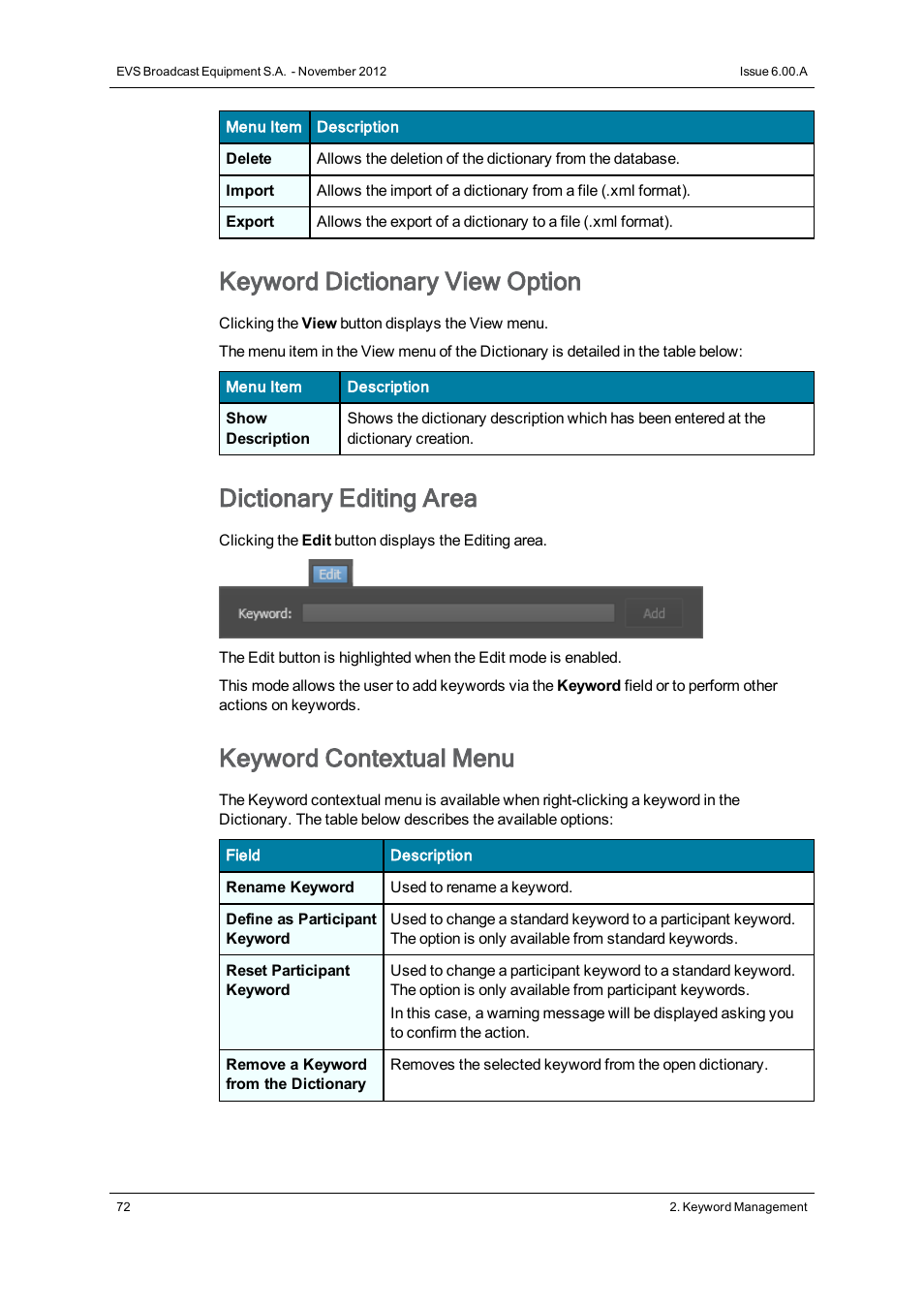 Keyword dictionary view option, Dictionary editing area, Keyword contextual menu | EVS IPDirector Version 6.0 - November 2012 Part 2 User's Manual User Manual | Page 82 / 92