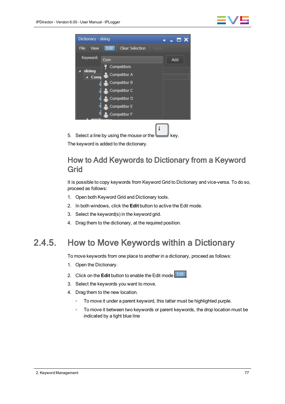 How to move keywords within a dictionary | EVS IPDirector Version 6.0 - November 2012 Part 2 User's Manual User Manual | Page 87 / 92