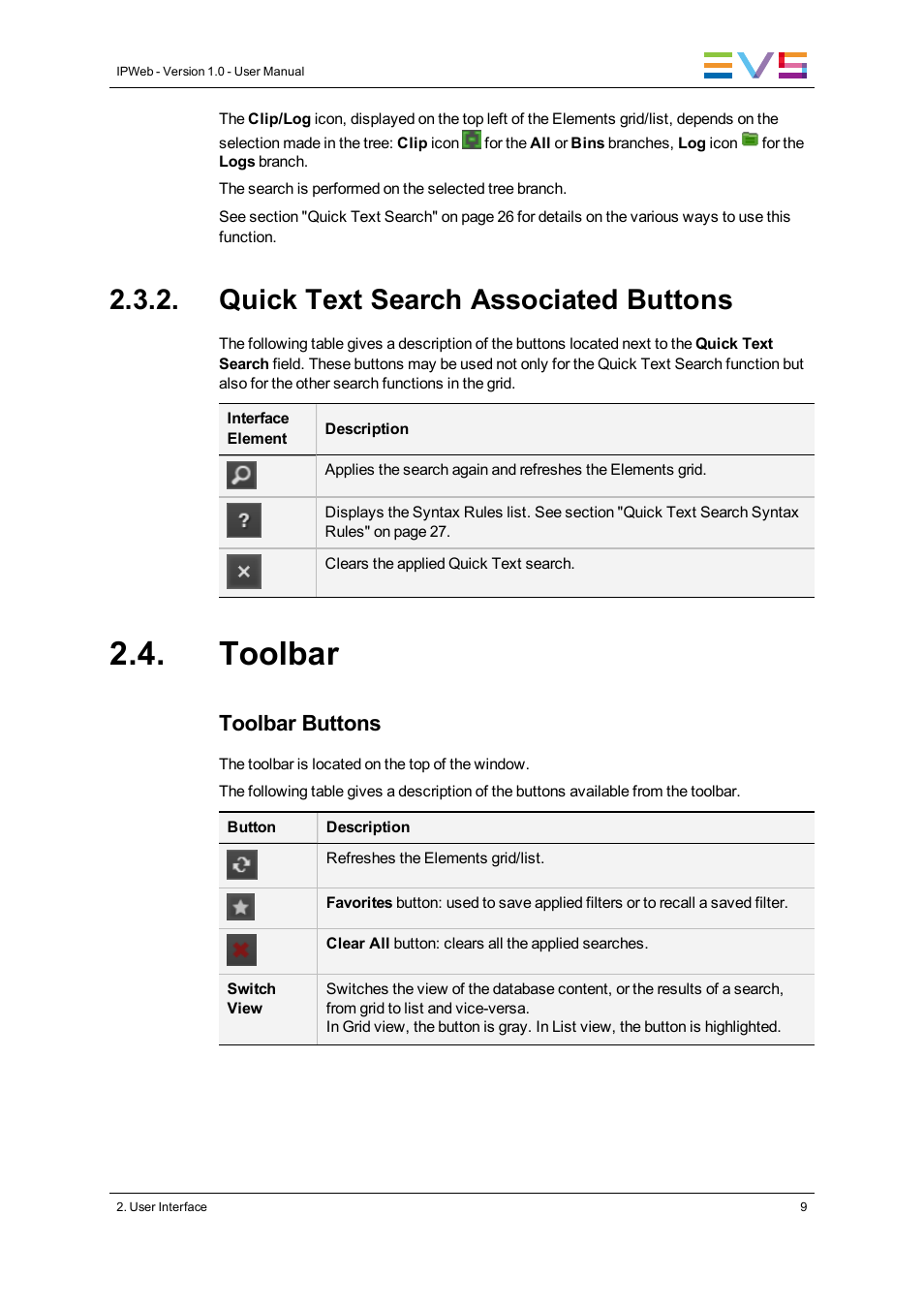 Quick text search associated buttons, Toolbar, Toolbar buttons | EVS IPWeb Version 1.0 - June 2013 User Manual User Manual | Page 17 / 76