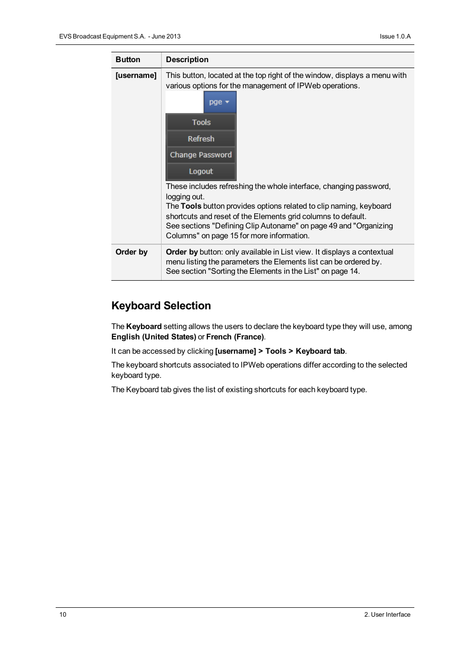 Keyboard selection | EVS IPWeb Version 1.0 - June 2013 User Manual User Manual | Page 18 / 76