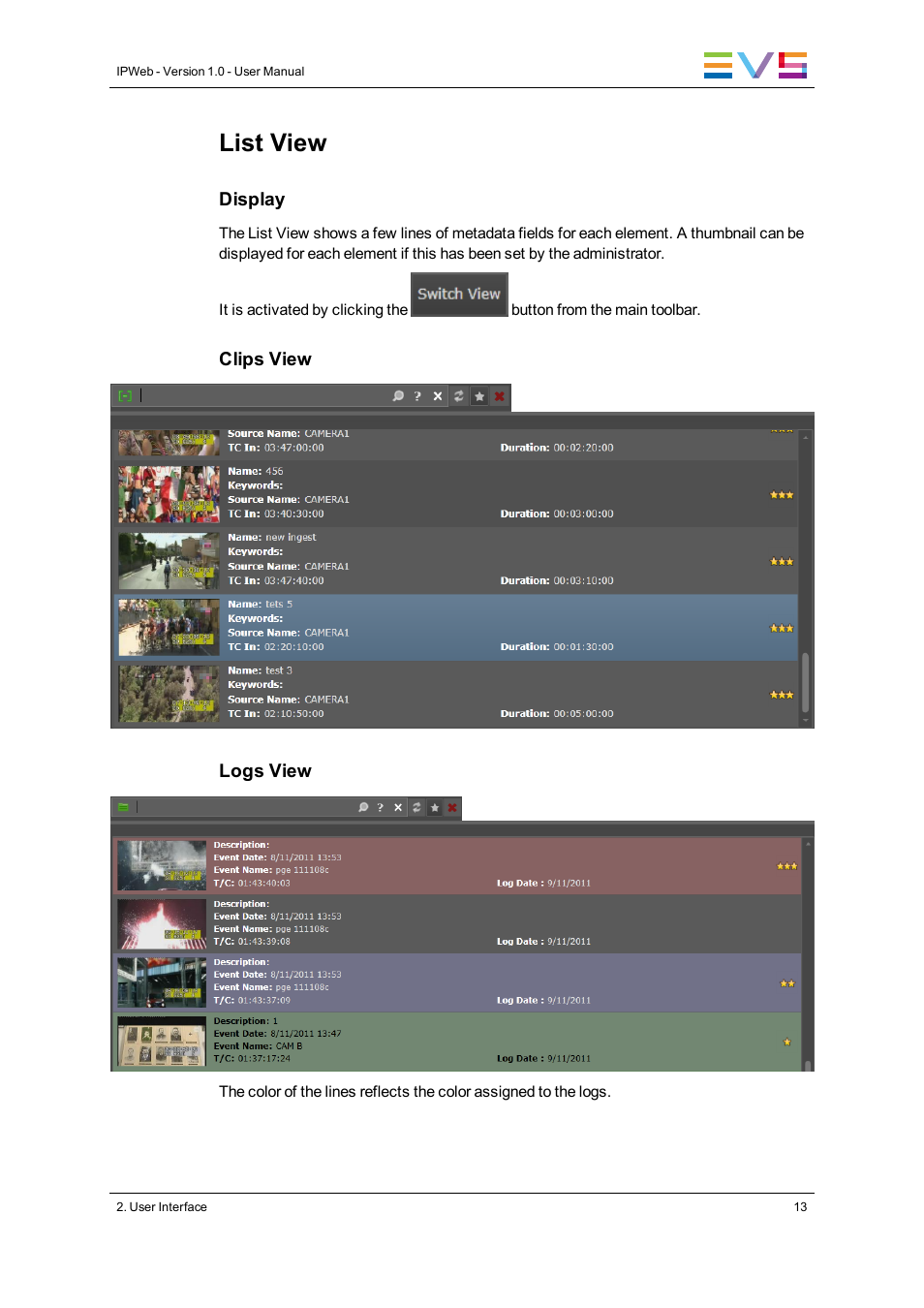 List view | EVS IPWeb Version 1.0 - June 2013 User Manual User Manual | Page 21 / 76
