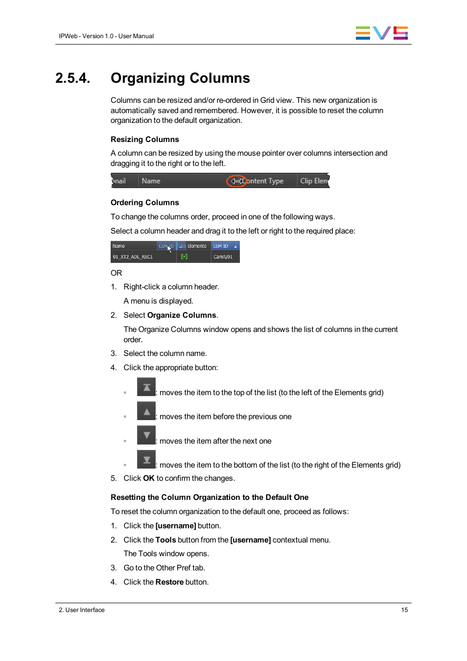 Organizing columns | EVS IPWeb Version 1.0 - June 2013 User Manual User Manual | Page 23 / 76