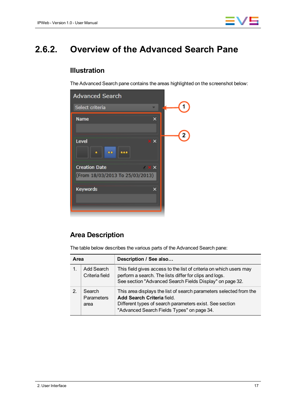 Overview of the advanced search pane, Illustration, Area description | EVS IPWeb Version 1.0 - June 2013 User Manual User Manual | Page 25 / 76