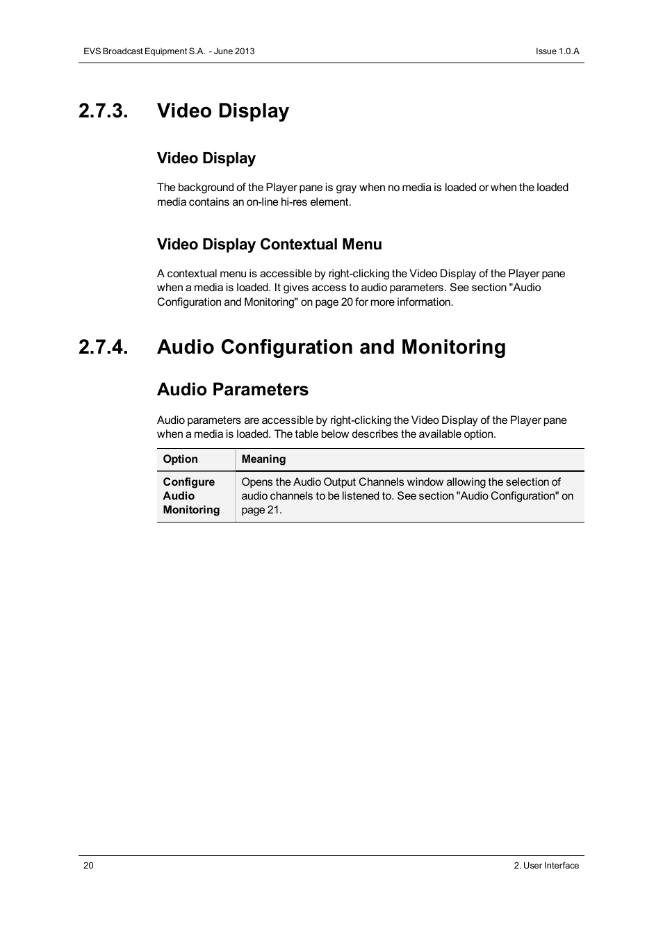 Video display, Audio configuration and monitoring, Audio parameters | EVS IPWeb Version 1.0 - June 2013 User Manual User Manual | Page 28 / 76