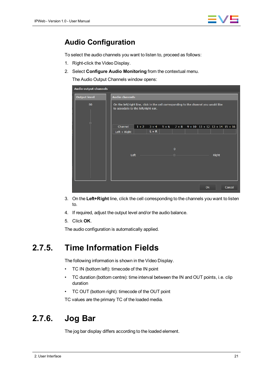 Time information fields, Jog bar, Audio configuration | EVS IPWeb Version 1.0 - June 2013 User Manual User Manual | Page 29 / 76