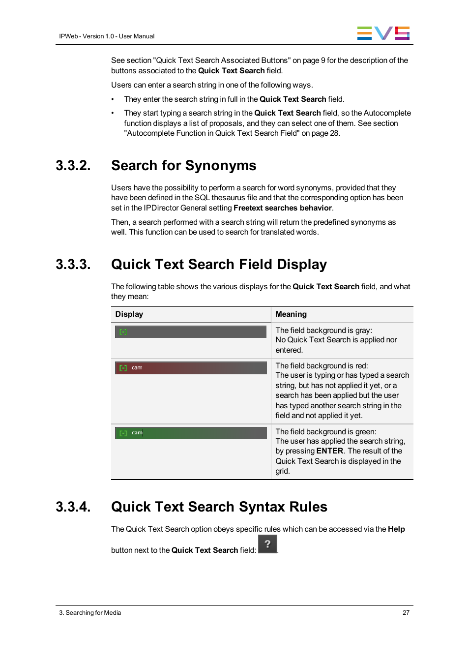 Search for synonyms, Quick text search field display, Quick text search syntax rules | EVS IPWeb Version 1.0 - June 2013 User Manual User Manual | Page 35 / 76