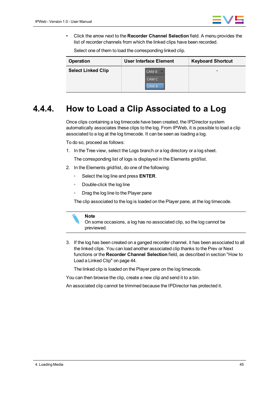 How to load a clip associated to a log | EVS IPWeb Version 1.0 - June 2013 User Manual User Manual | Page 53 / 76