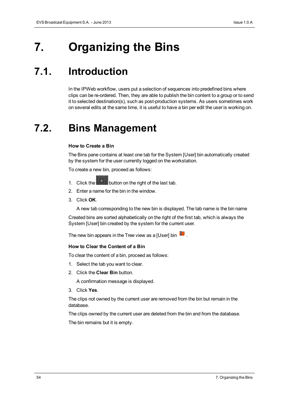 Organizing the bins, Introduction, Bins management | EVS IPWeb Version 1.0 - June 2013 User Manual User Manual | Page 62 / 76