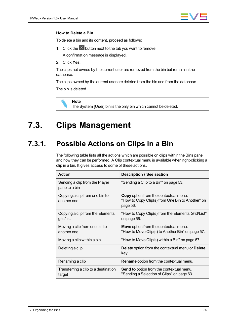 Clips management, Possible actions on clips in a bin | EVS IPWeb Version 1.0 - June 2013 User Manual User Manual | Page 63 / 76