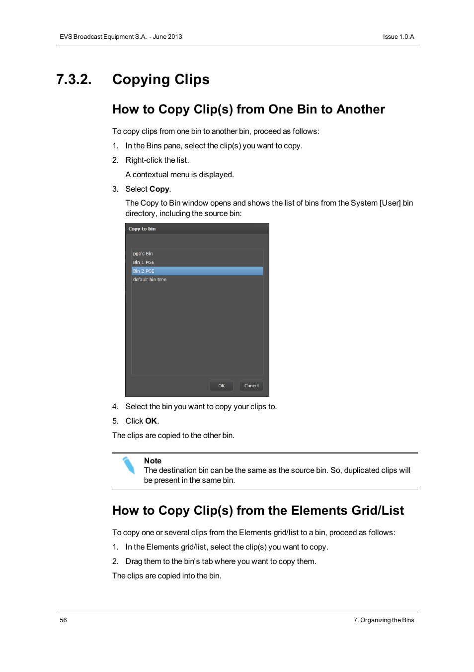 Copying clips, How to copy clip(s) from one bin to another, How to copy clip(s) from the elements grid/list | EVS IPWeb Version 1.0 - June 2013 User Manual User Manual | Page 64 / 76