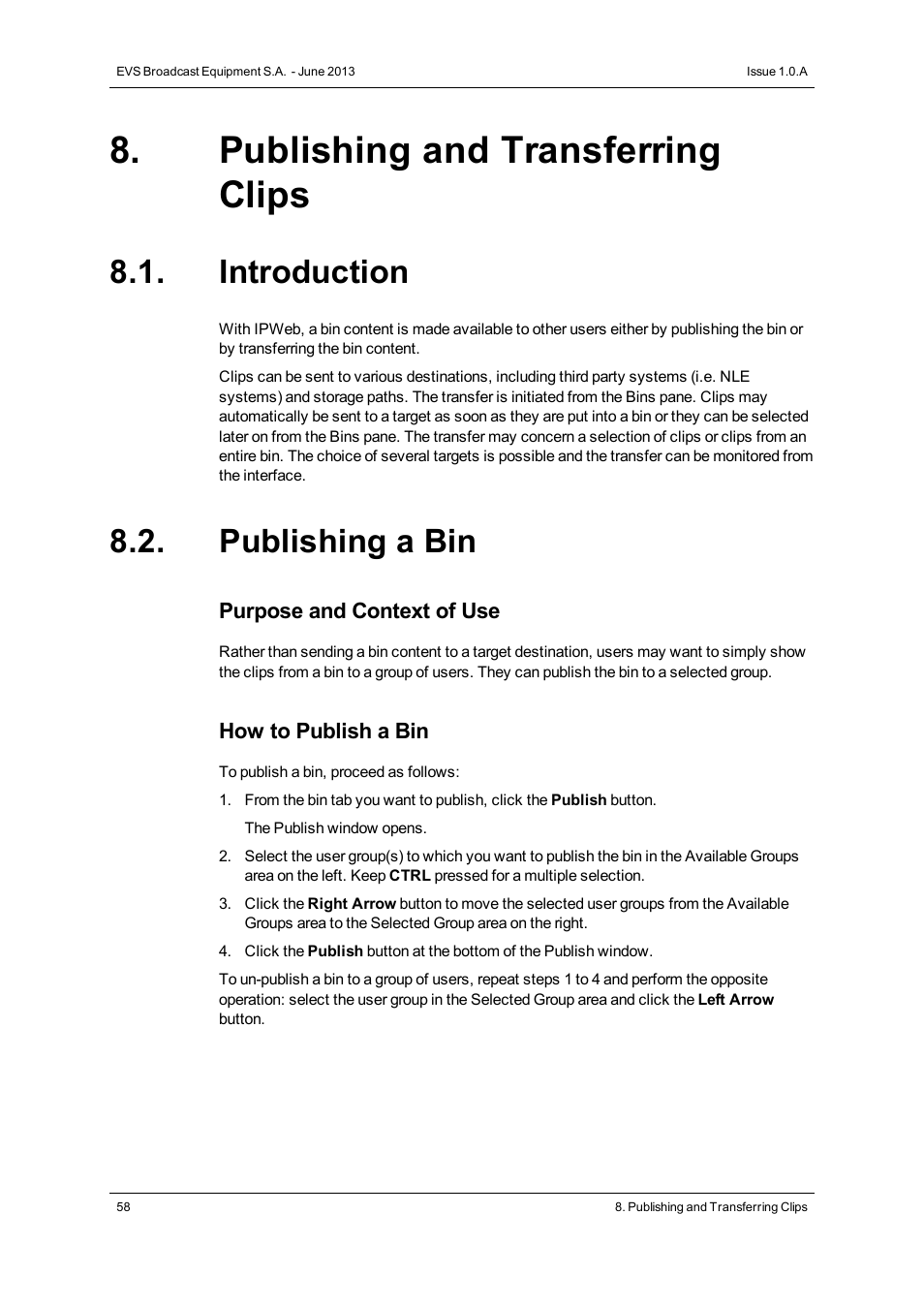 Publishing and transferring clips, Introduction, Publishing a bin | EVS IPWeb Version 1.0 - June 2013 User Manual User Manual | Page 66 / 76