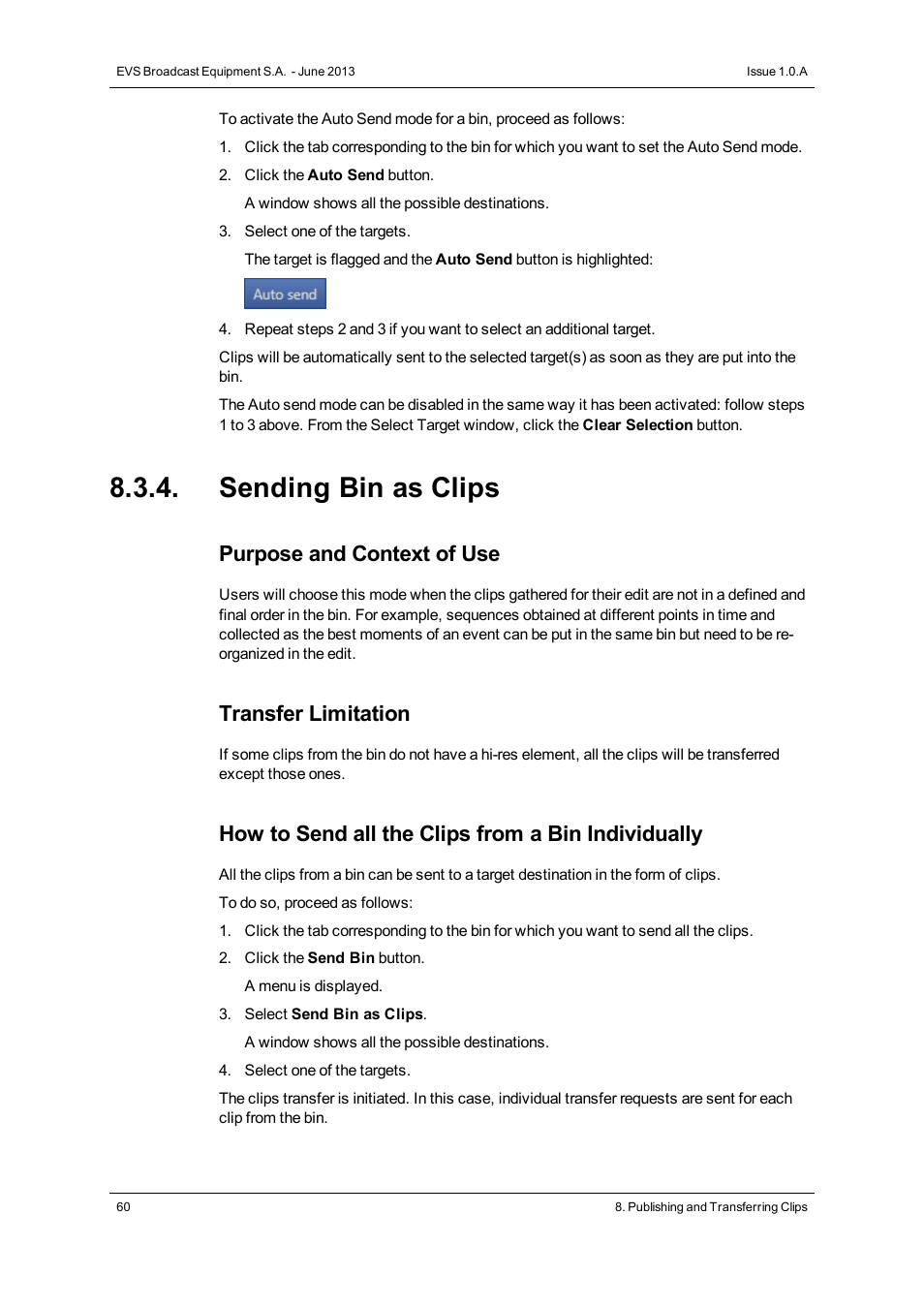 Sending bin as clips, Purpose and context of use, Transfer limitation | How to send all the clips from a bin individually | EVS IPWeb Version 1.0 - June 2013 User Manual User Manual | Page 68 / 76