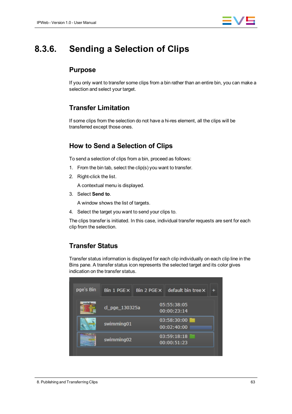 Sending a selection of clips, Purpose, Transfer limitation | How to send a selection of clips, Transfer status | EVS IPWeb Version 1.0 - June 2013 User Manual User Manual | Page 71 / 76