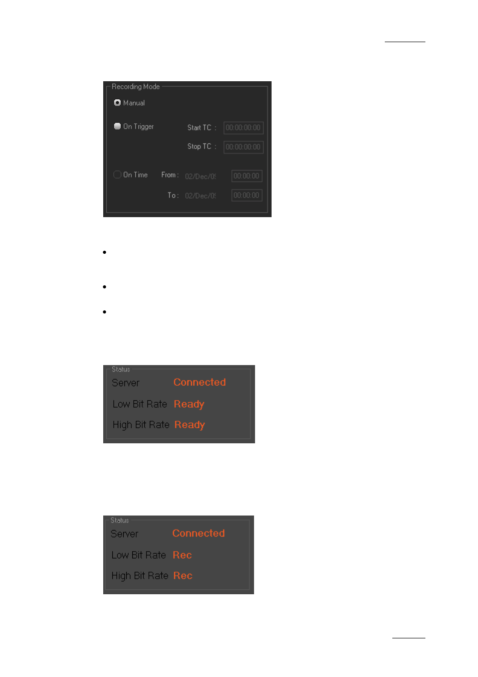 Recording mode area, Status area | EVS XEDIO Ingest Organizer Version 3.1 - January 2011 User Manual User Manual | Page 12 / 22