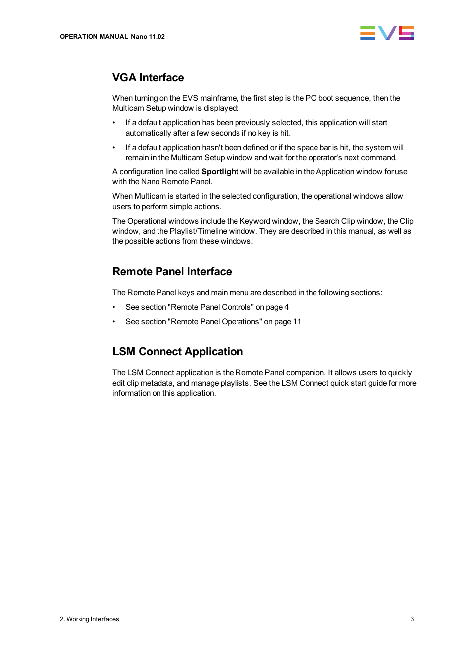 Vga interface, Remote panel interface, Lsm connect application | EVS XTnano Version 11.02 - July 2013 Operation Manual User Manual | Page 11 / 102