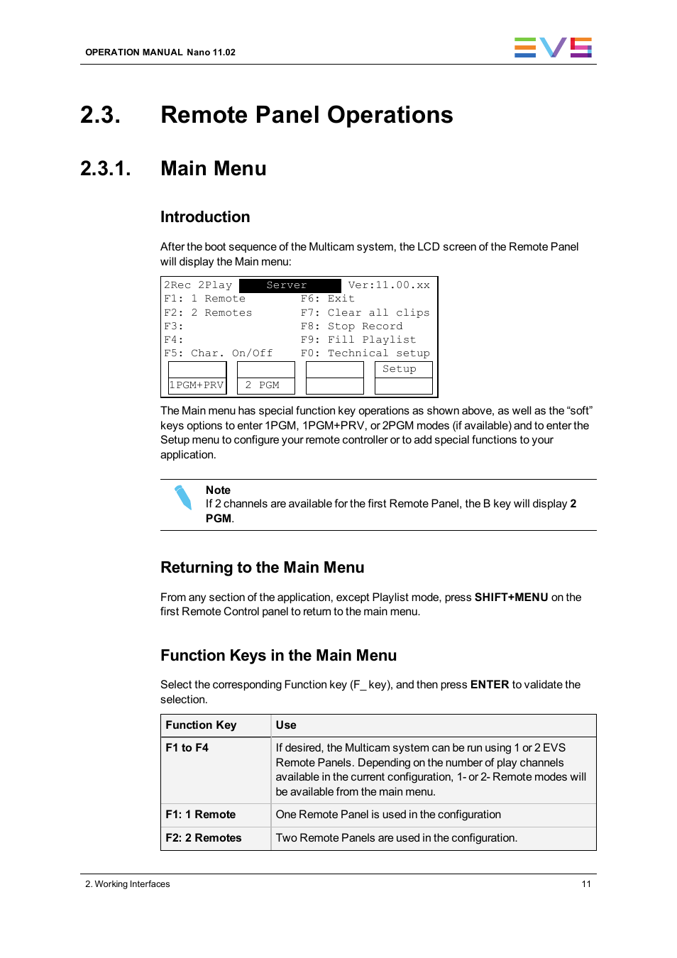 Remote panel operations, Main menu, Introduction | Returning to the main menu, Function keys in the main menu | EVS XTnano Version 11.02 - July 2013 Operation Manual User Manual | Page 19 / 102