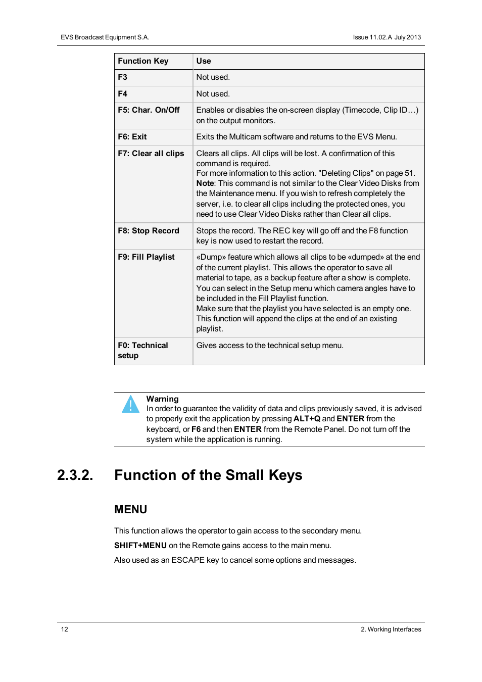 Function of the small keys, Menu | EVS XTnano Version 11.02 - July 2013 Operation Manual User Manual | Page 20 / 102