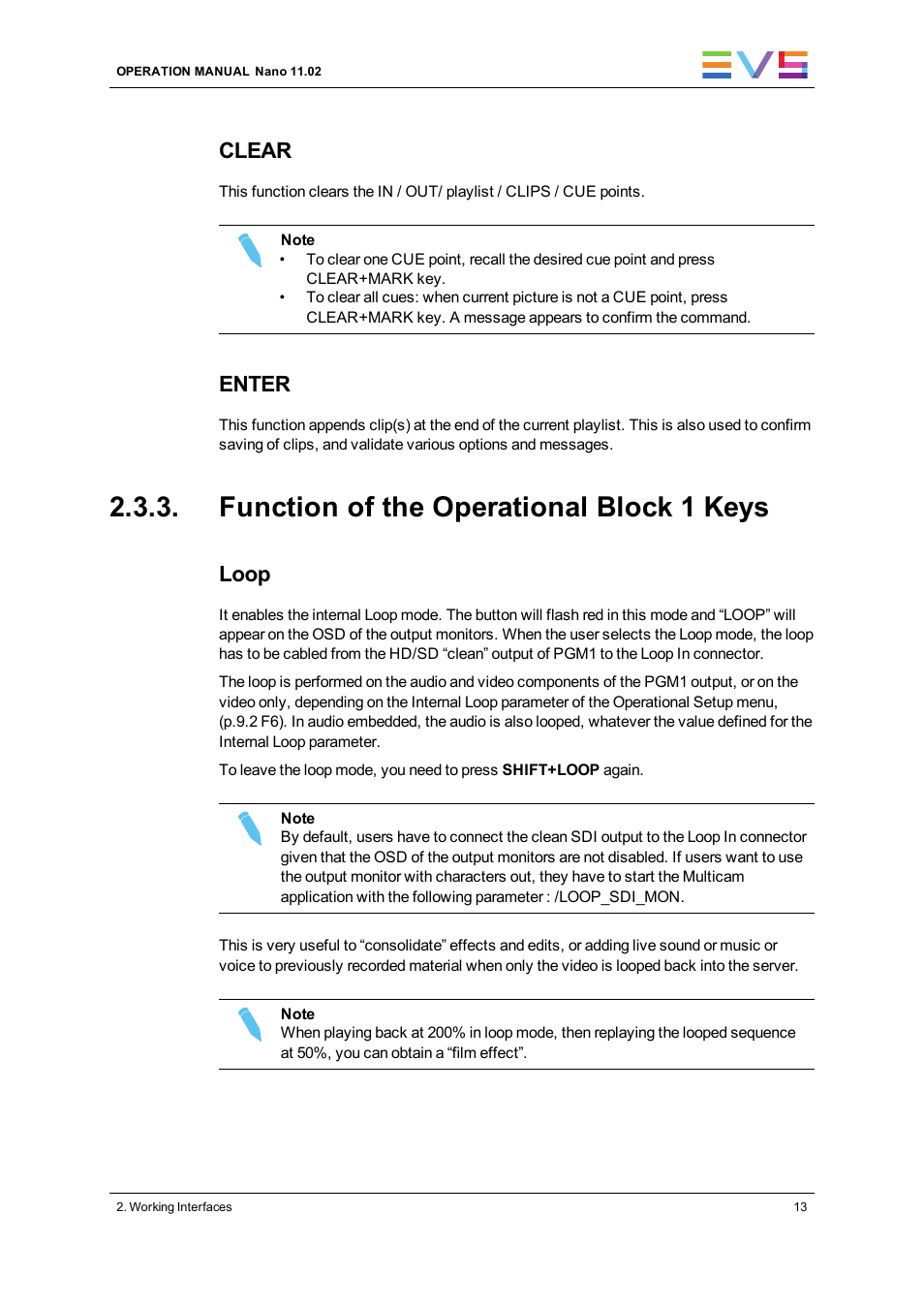 Function of the operational block 1 keys, Clear, Enter | Loop | EVS XTnano Version 11.02 - July 2013 Operation Manual User Manual | Page 21 / 102