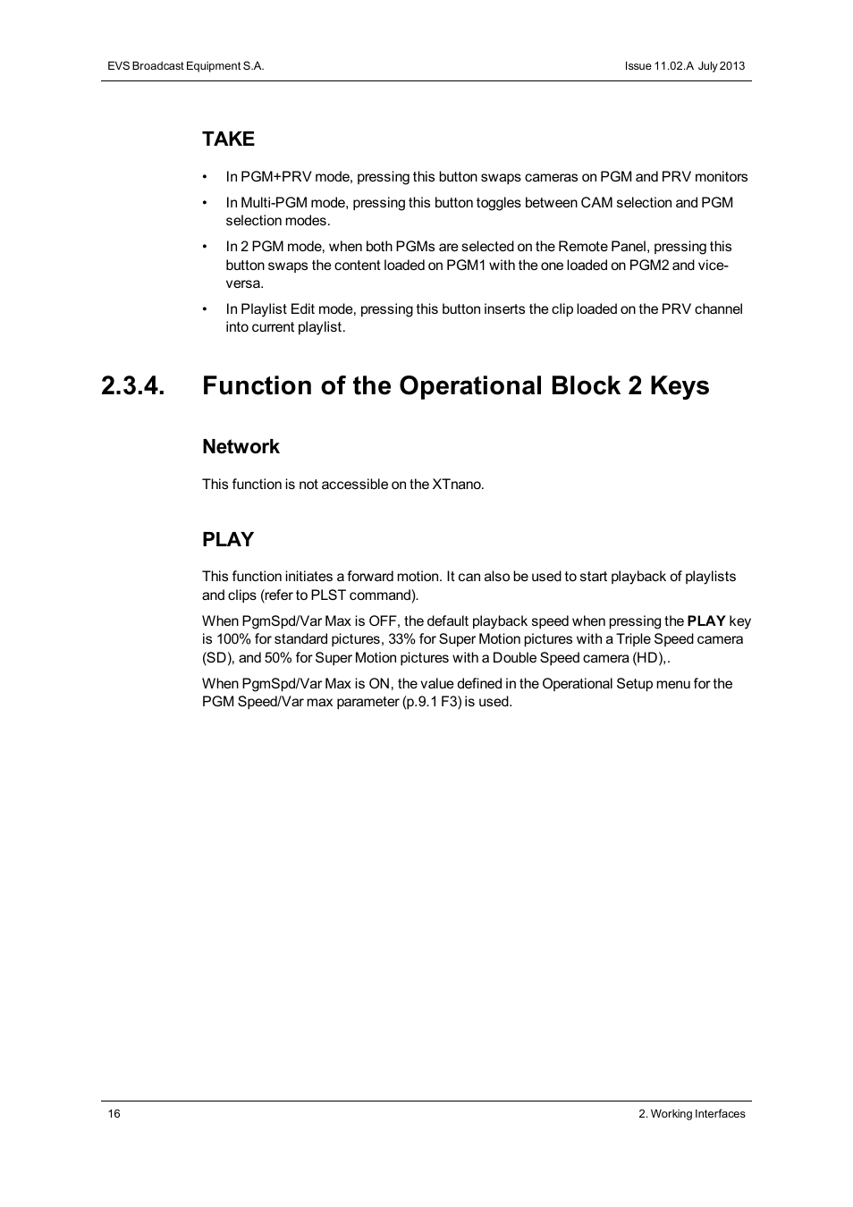 Function of the operational block 2 keys, Take, Network | Play | EVS XTnano Version 11.02 - July 2013 Operation Manual User Manual | Page 24 / 102