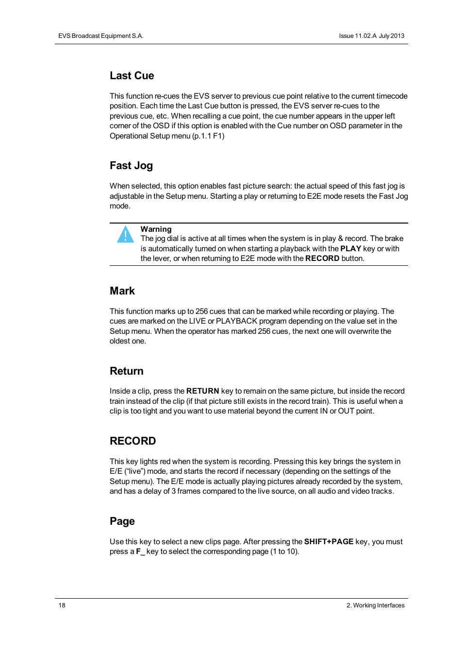 Last cue, Fast jog, Mark | Return, Record, Page | EVS XTnano Version 11.02 - July 2013 Operation Manual User Manual | Page 26 / 102
