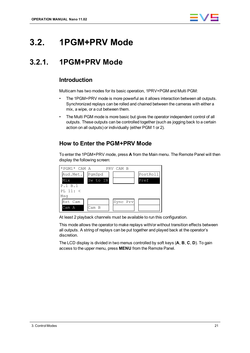 1pgm+prv mode, Introduction, How to enter the pgm+prv mode | EVS XTnano Version 11.02 - July 2013 Operation Manual User Manual | Page 29 / 102