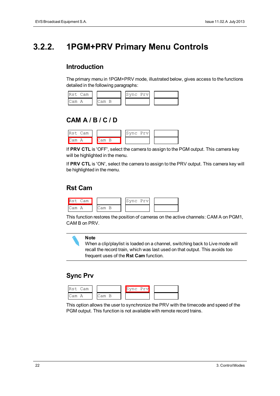 1pgm+prv primary menu controls, Introduction, Cam a / b / c / d | Rst cam, Sync prv | EVS XTnano Version 11.02 - July 2013 Operation Manual User Manual | Page 30 / 102