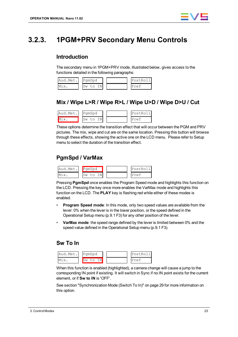 1pgm+prv secondary menu controls, Introduction, Pgmspd / varmax | Sw to in | EVS XTnano Version 11.02 - July 2013 Operation Manual User Manual | Page 31 / 102