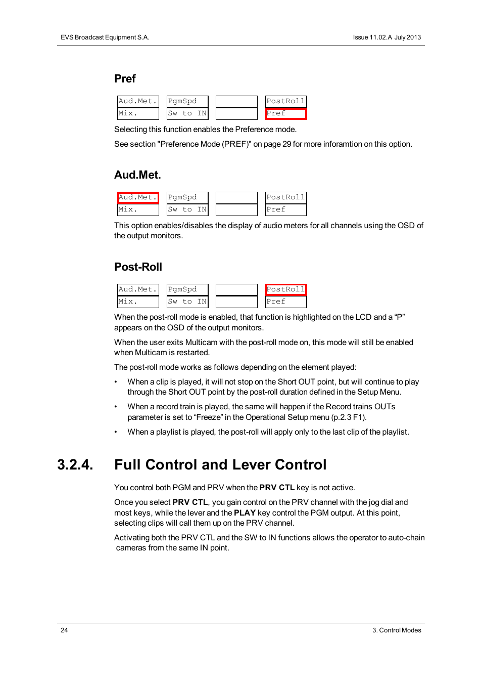 Full control and lever control, Pref, Aud.met | Post-roll | EVS XTnano Version 11.02 - July 2013 Operation Manual User Manual | Page 32 / 102