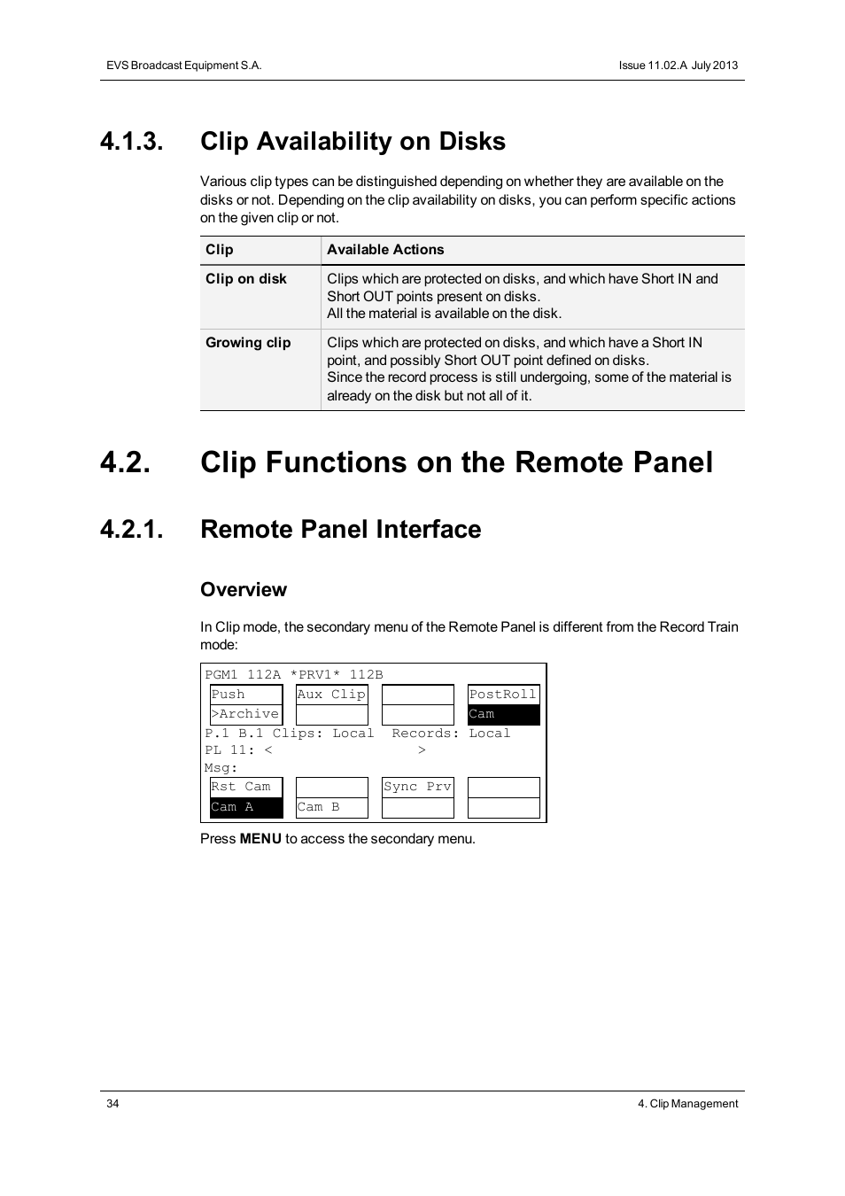 Clip availability on disks, Clip functions on the remote panel, Remote panel interface | Overview | EVS XTnano Version 11.02 - July 2013 Operation Manual User Manual | Page 42 / 102