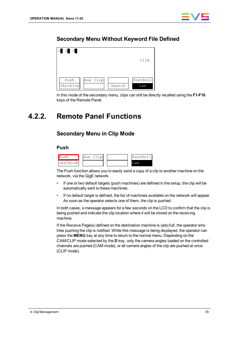Remote panel functions, Secondary menu without keyword file defined, Secondary menu in clip mode | EVS XTnano Version 11.02 - July 2013 Operation Manual User Manual | Page 43 / 102