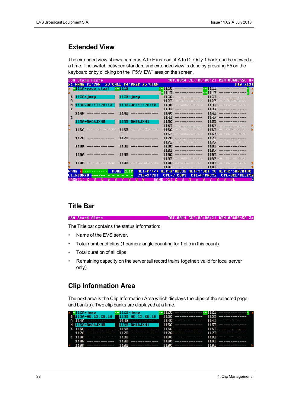 Extended view, Title bar, Clip information area | EVS XTnano Version 11.02 - July 2013 Operation Manual User Manual | Page 46 / 102