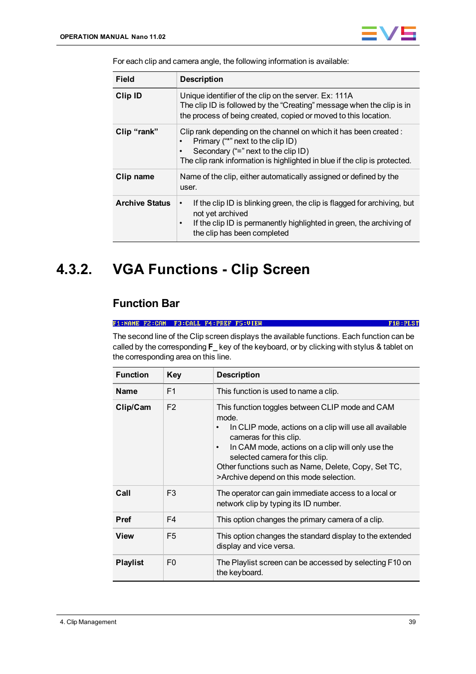Vga functions - clip screen, Function bar | EVS XTnano Version 11.02 - July 2013 Operation Manual User Manual | Page 47 / 102