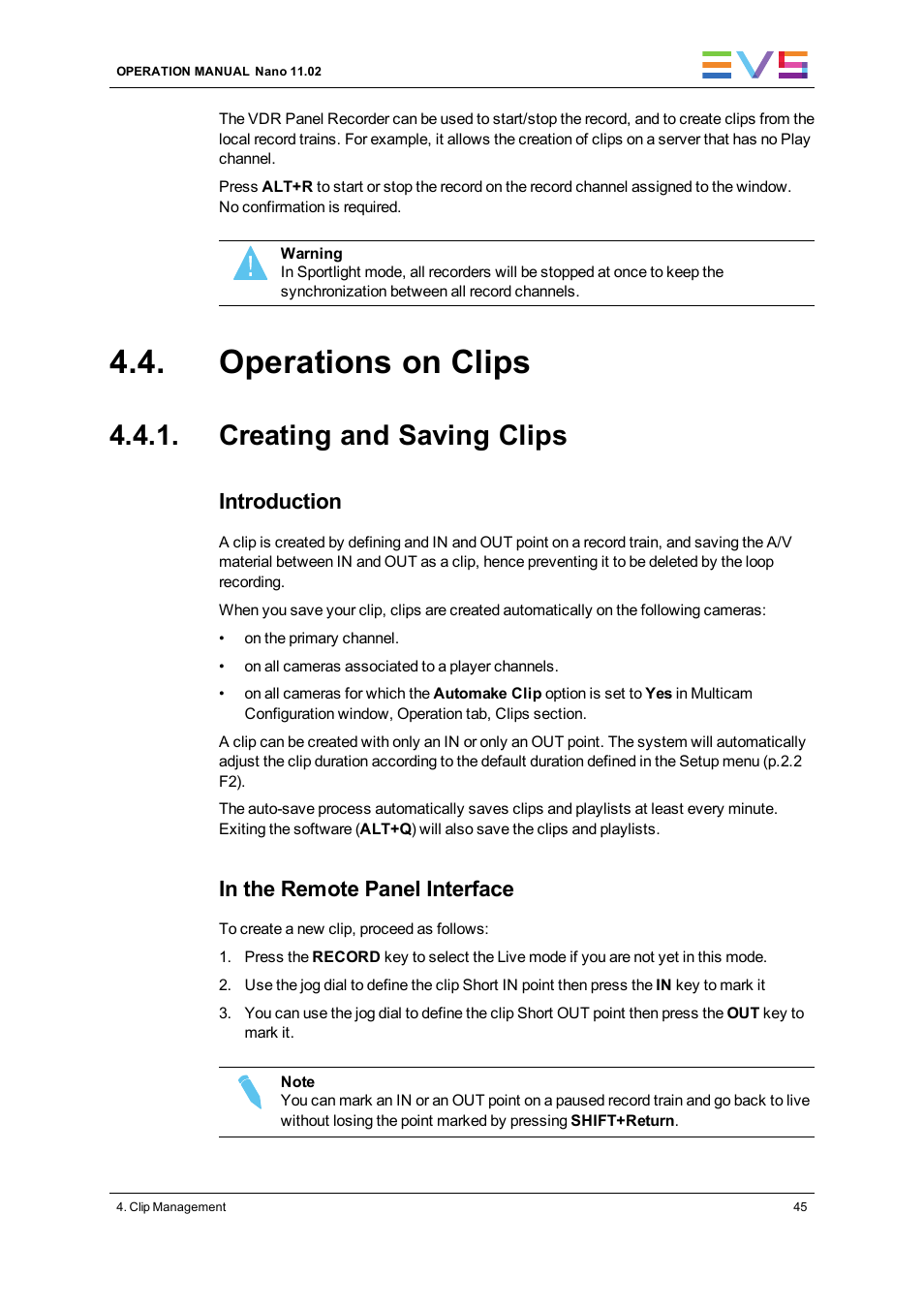 Operations on clips, Creating and saving clips, Introduction | EVS XTnano Version 11.02 - July 2013 Operation Manual User Manual | Page 53 / 102