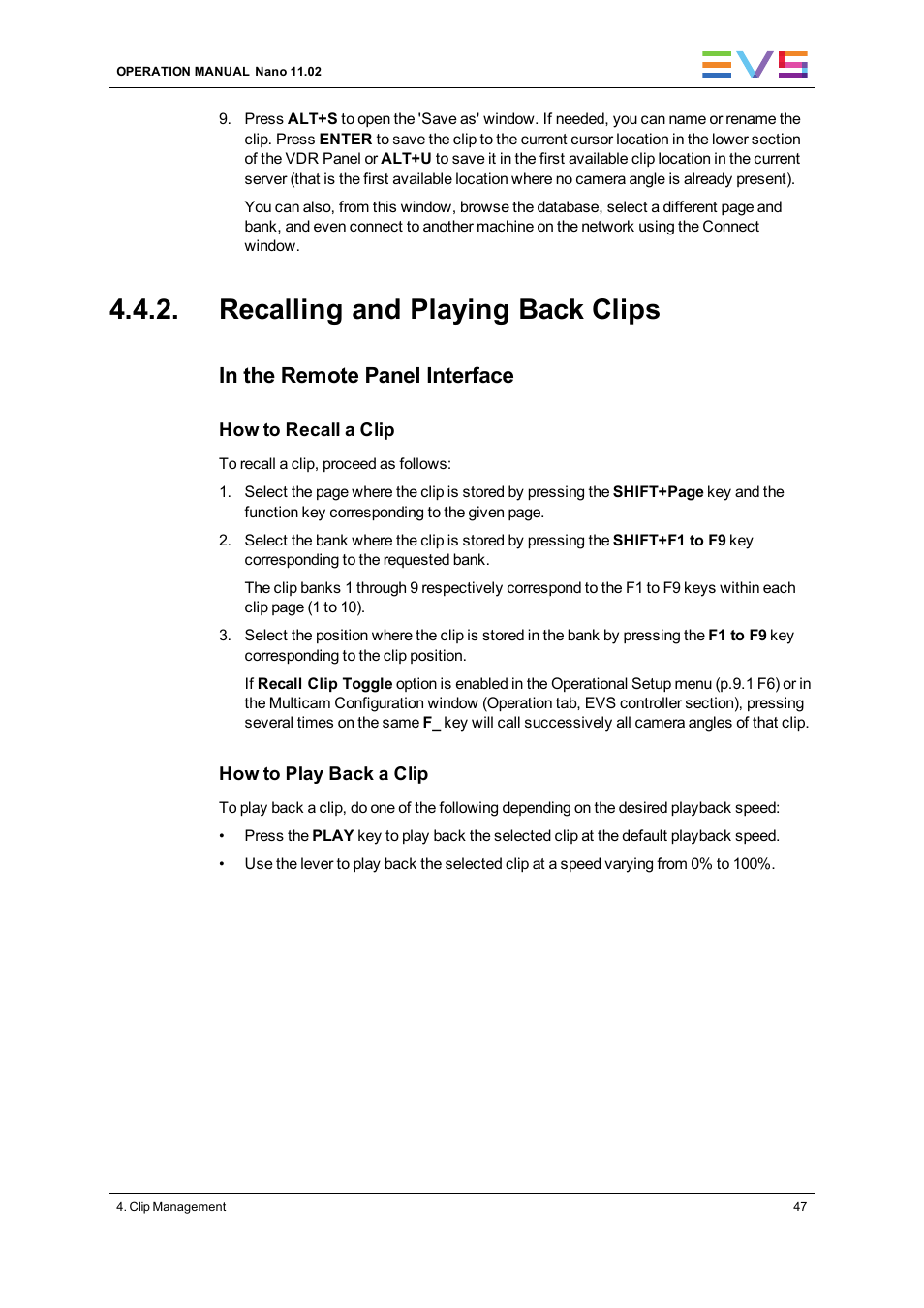 Recalling and playing back clips | EVS XTnano Version 11.02 - July 2013 Operation Manual User Manual | Page 55 / 102