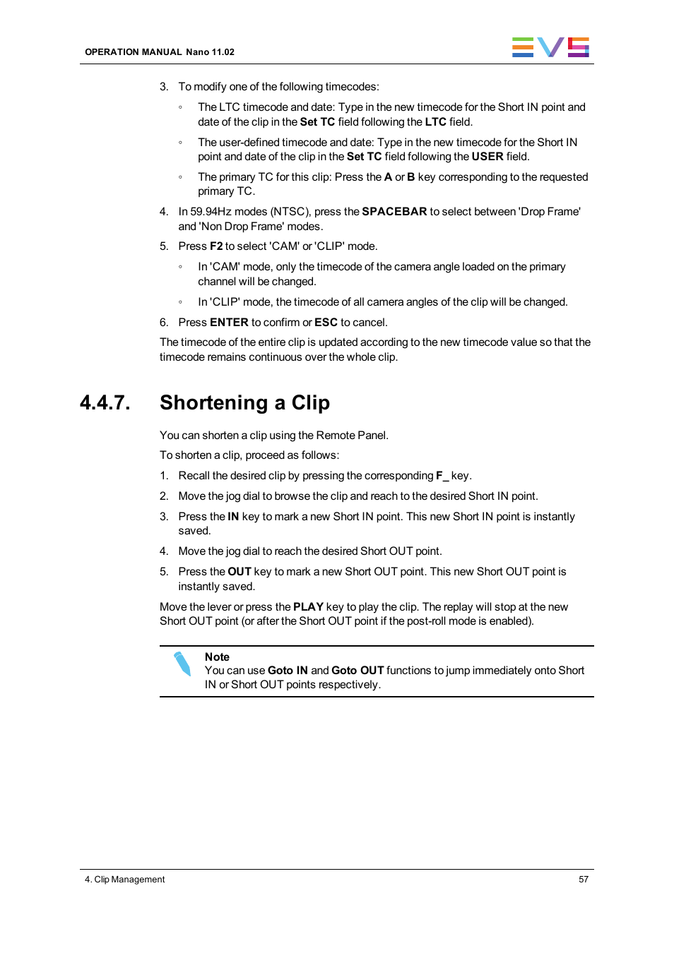 Shortening a clip | EVS XTnano Version 11.02 - July 2013 Operation Manual User Manual | Page 65 / 102