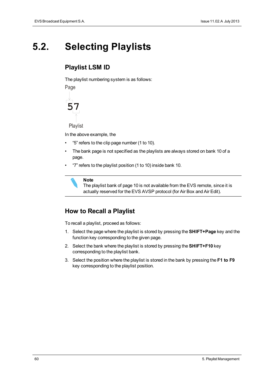 Selecting playlists, Playlist lsm id, How to recall a playlist | EVS XTnano Version 11.02 - July 2013 Operation Manual User Manual | Page 68 / 102