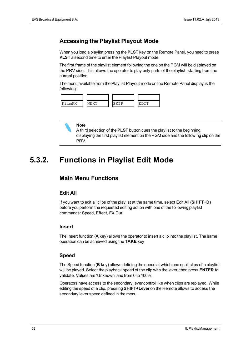 Functions in playlist edit mode, Accessing the playlist playout mode, Main menu functions | EVS XTnano Version 11.02 - July 2013 Operation Manual User Manual | Page 70 / 102