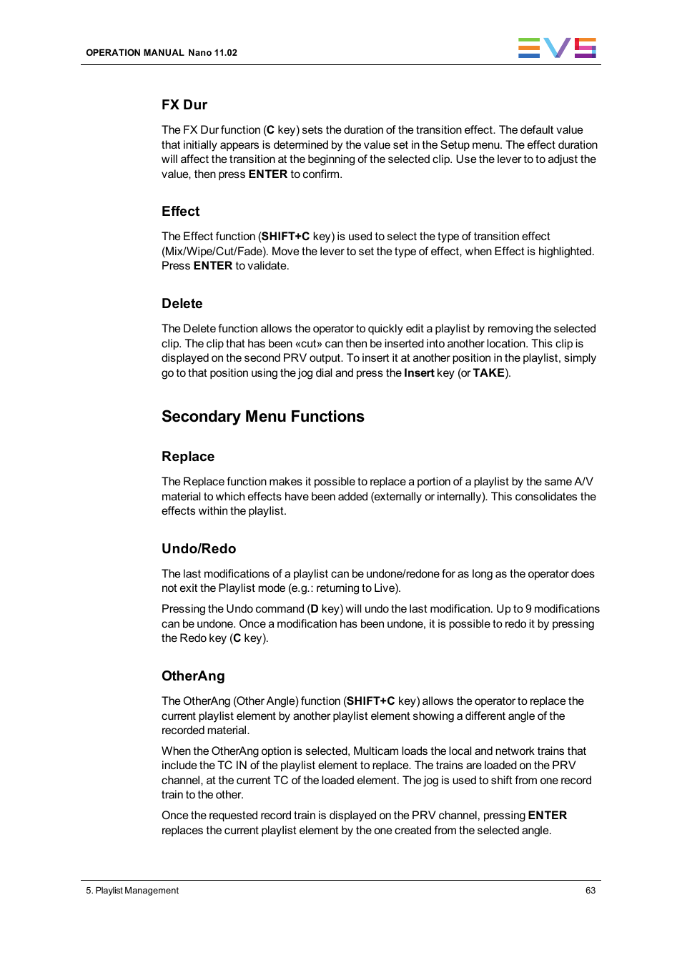 Secondary menu functions | EVS XTnano Version 11.02 - July 2013 Operation Manual User Manual | Page 71 / 102