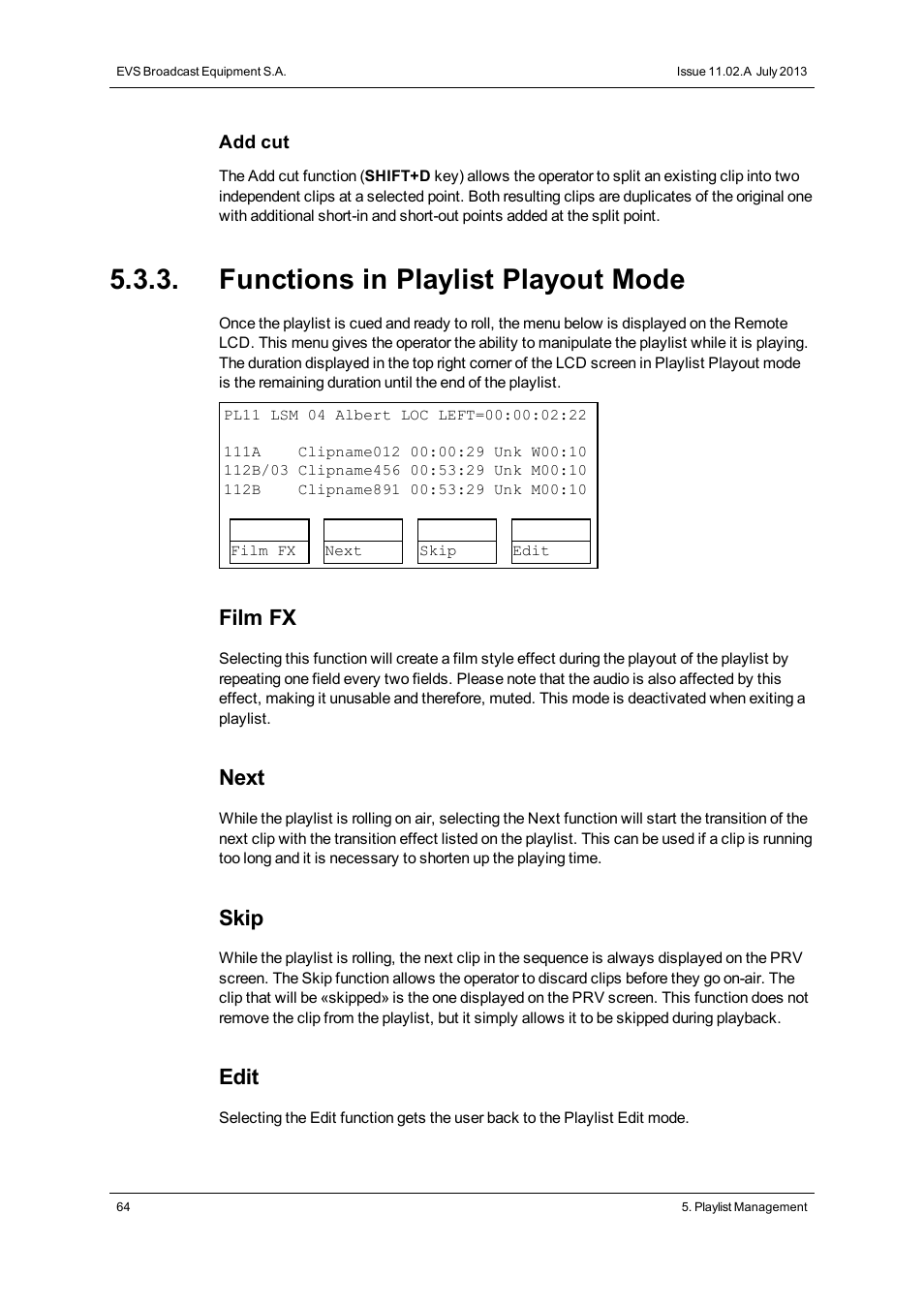 Functions in playlist playout mode, Film fx, Next | Skip, Edit | EVS XTnano Version 11.02 - July 2013 Operation Manual User Manual | Page 72 / 102