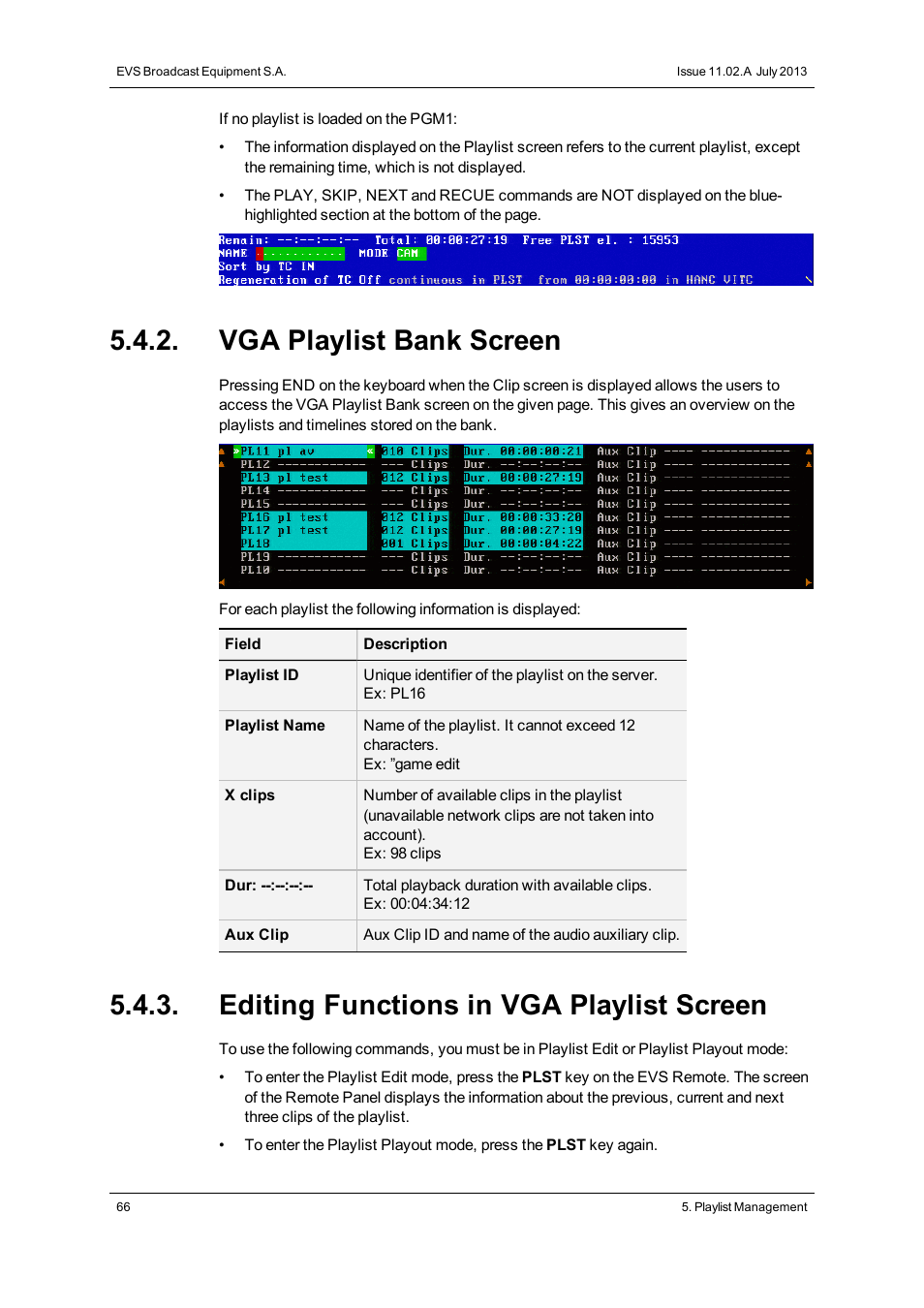 Vga playlist bank screen, Editing functions in vga playlist screen | EVS XTnano Version 11.02 - July 2013 Operation Manual User Manual | Page 74 / 102