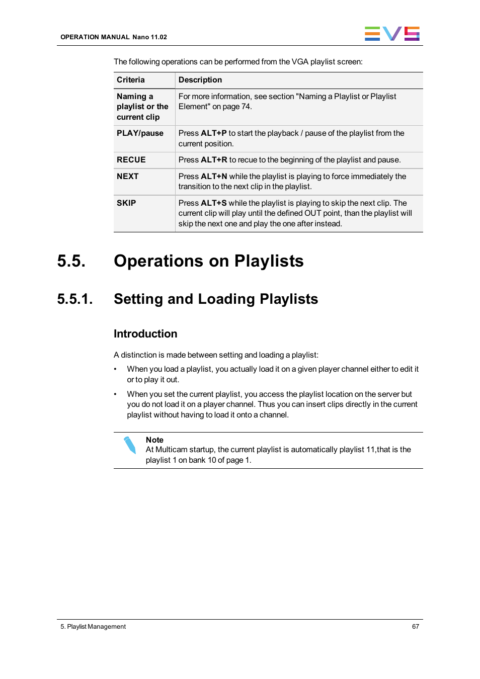 Operations on playlists, Setting and loading playlists, Introduction | EVS XTnano Version 11.02 - July 2013 Operation Manual User Manual | Page 75 / 102