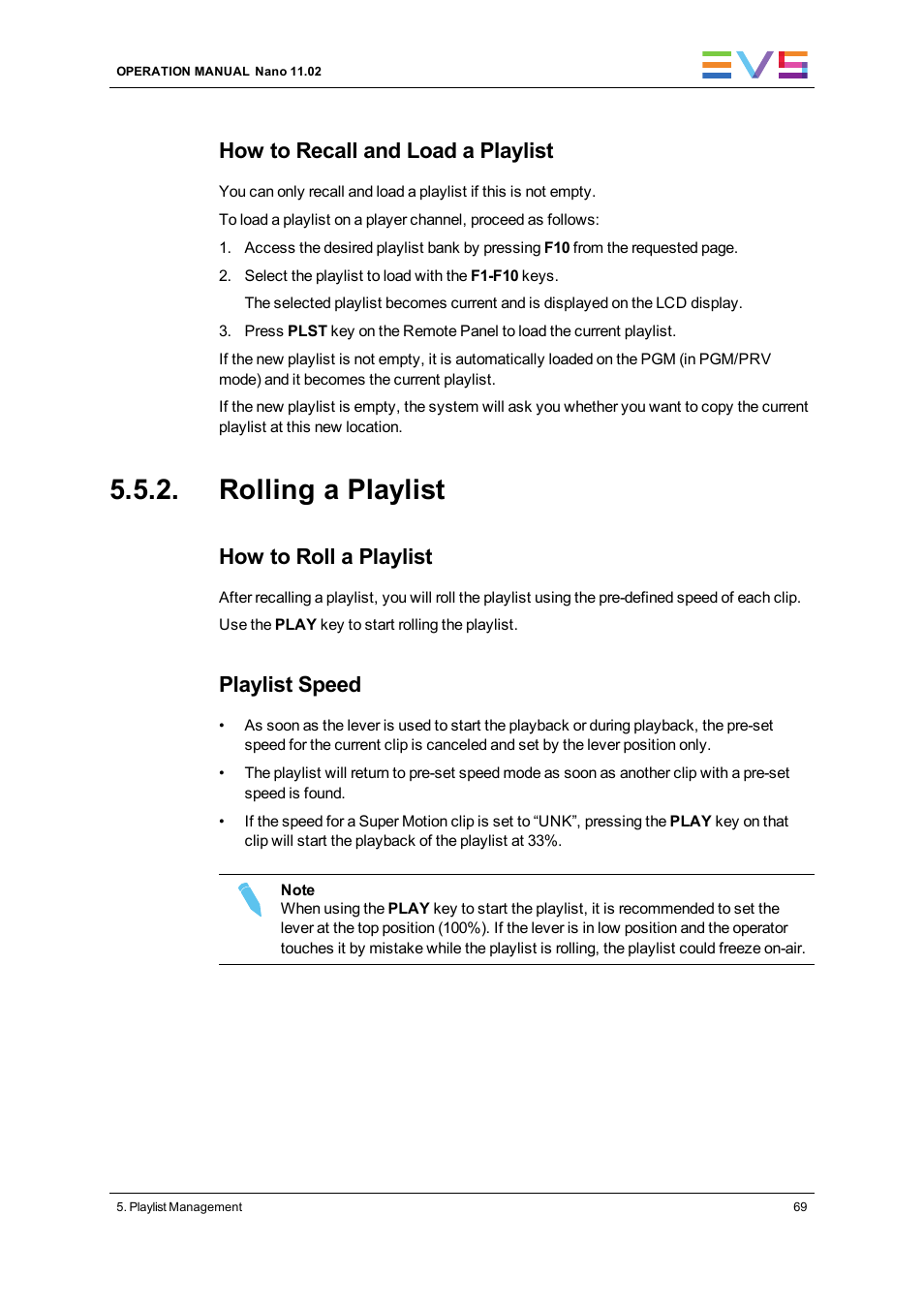 Rolling a playlist, How to recall and load a playlist, How to roll a playlist | Playlist speed | EVS XTnano Version 11.02 - July 2013 Operation Manual User Manual | Page 77 / 102