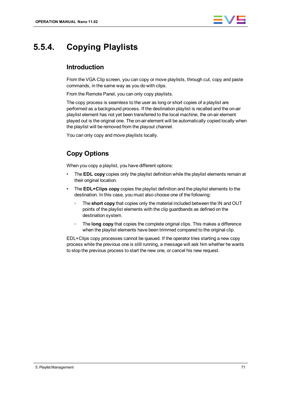 Copying playlists, Introduction, Copy options | EVS XTnano Version 11.02 - July 2013 Operation Manual User Manual | Page 79 / 102