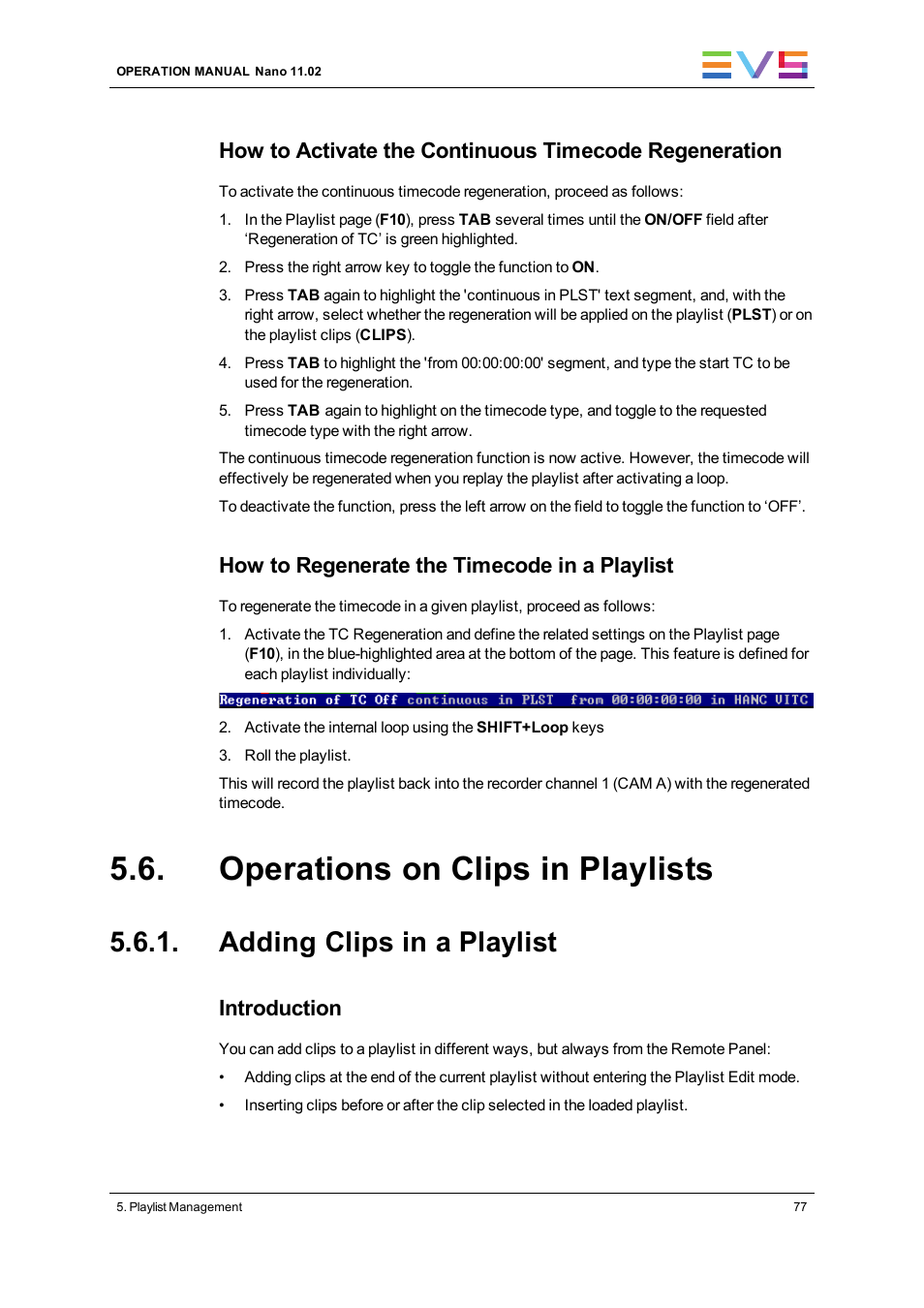 Operations on clips in playlists, Adding clips in a playlist, How to regenerate the timecode in a playlist | Introduction | EVS XTnano Version 11.02 - July 2013 Operation Manual User Manual | Page 85 / 102