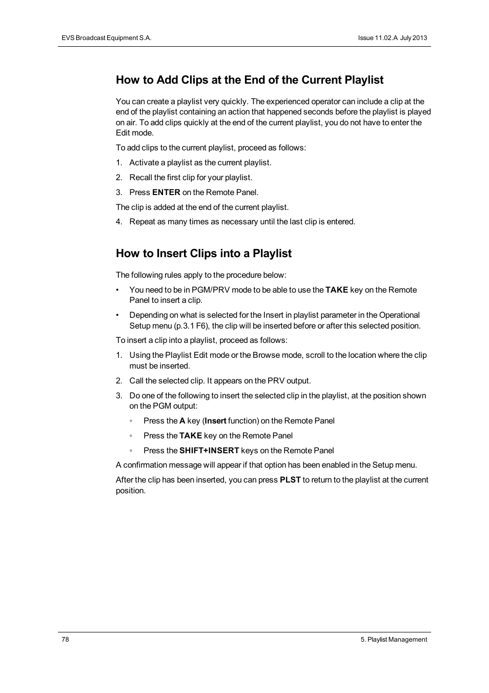 How to insert clips into a playlist | EVS XTnano Version 11.02 - July 2013 Operation Manual User Manual | Page 86 / 102