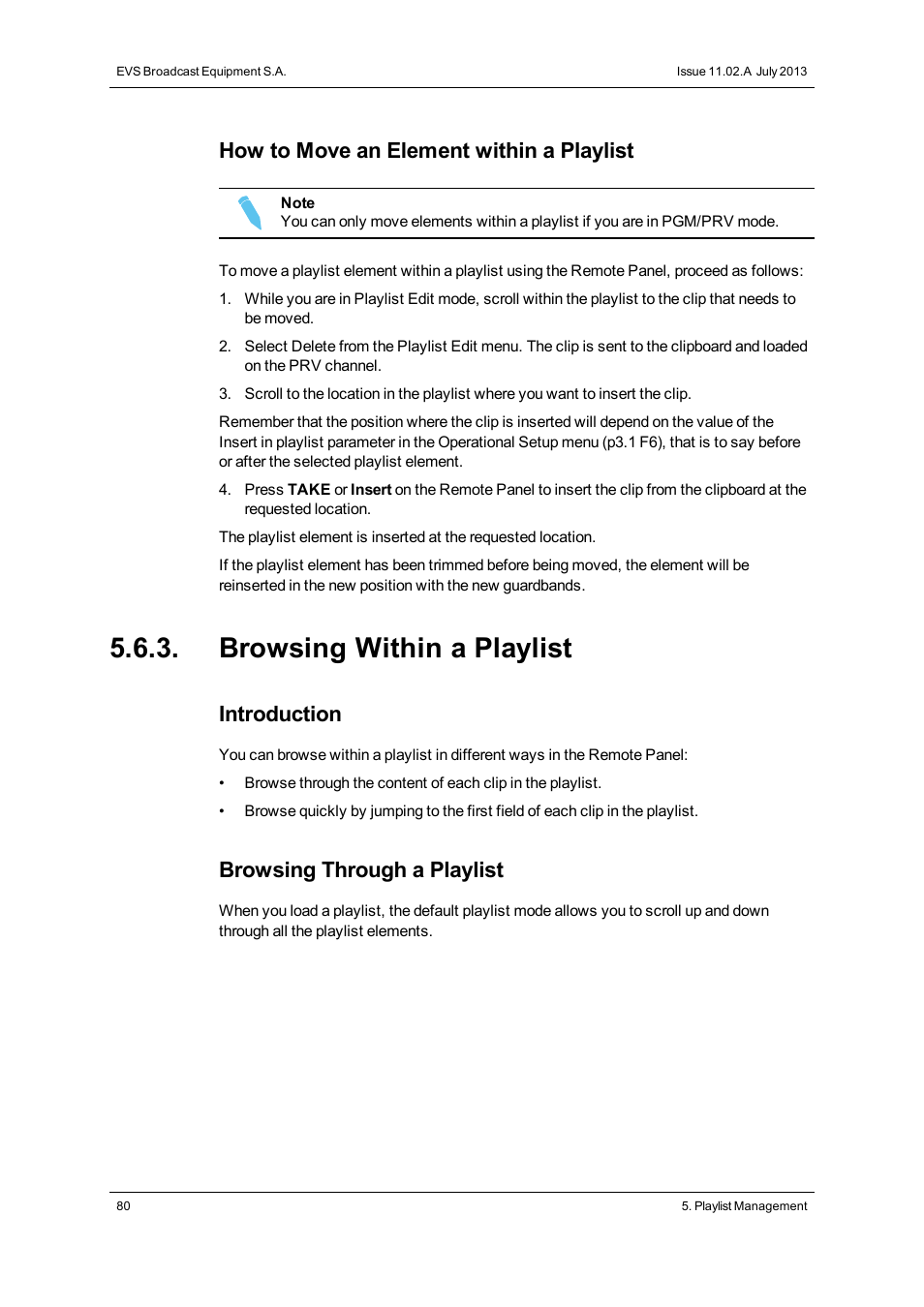 Browsing within a playlist, How to move an element within a playlist, Introduction | Browsing through a playlist | EVS XTnano Version 11.02 - July 2013 Operation Manual User Manual | Page 88 / 102
