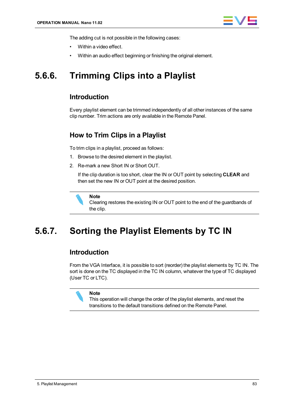 Trimming clips into a playlist, Sorting the playlist elements by tc in, Introduction | How to trim clips in a playlist | EVS XTnano Version 11.02 - July 2013 Operation Manual User Manual | Page 91 / 102