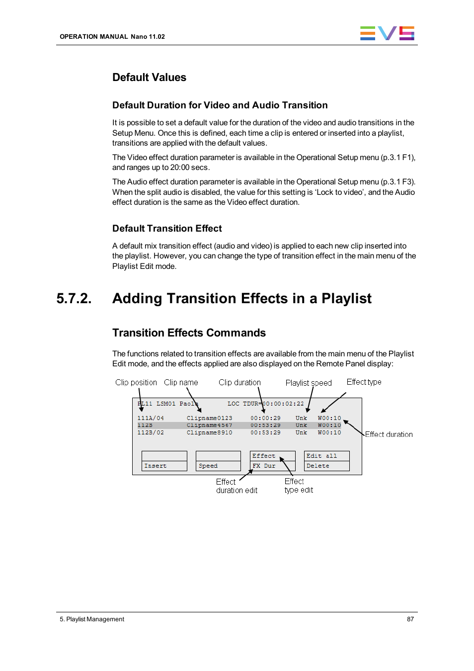 Adding transition effects in a playlist, Default values, Transition effects commands | EVS XTnano Version 11.02 - July 2013 Operation Manual User Manual | Page 95 / 102