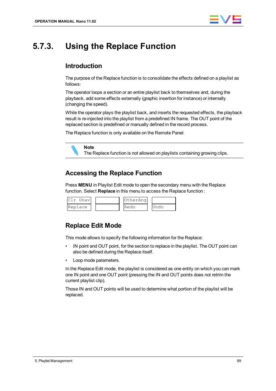 Using the replace function, Introduction, Accessing the replace function | Replace edit mode | EVS XTnano Version 11.02 - July 2013 Operation Manual User Manual | Page 97 / 102