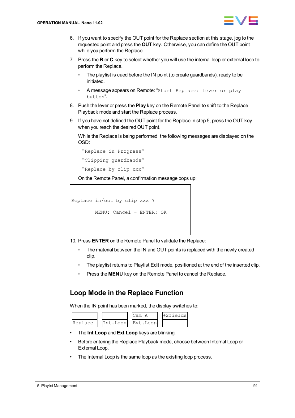 Loop mode in the replace function | EVS XTnano Version 11.02 - July 2013 Operation Manual User Manual | Page 99 / 102